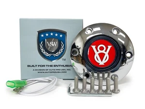 6-Bolt Horn Button with Chrome Trim Ring, Hardware and Red Hot Rod V8 Emblem - Picture 1 of 6
