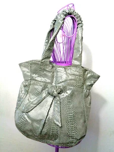 PERLINA Grey Patent Over Suede 100% Leather Shoulder Bag Polka Dot Satin Lining - Picture 1 of 7