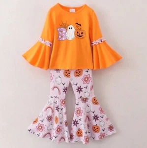 NEW Boutique Halloween Ghost Belle Sleeve Shirt & Bell Bottoms Girls Outfit Set - Picture 1 of 7