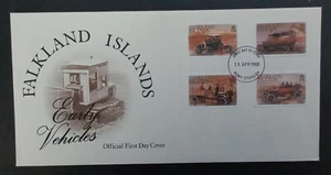 1988 Falkland Islands Early Vehicles FDC ties 4 Stamps cd Port Stanley - Picture 1 of 4