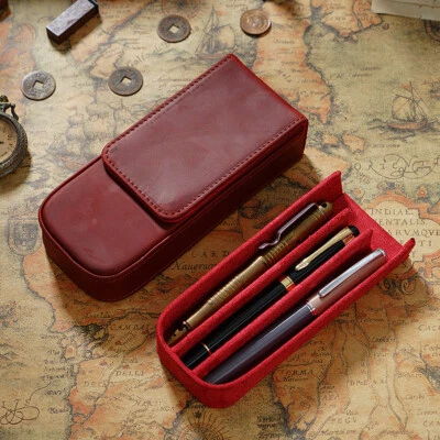 真皮手工 3 插槽钢笔盒可拆卸支架铅笔袋 — 第 1/4 张图片