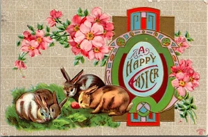 Bunnies Egg Flowers Happy Easter Postcard Art Nouveau embossed Elbow Lake MN - Picture 1 of 2