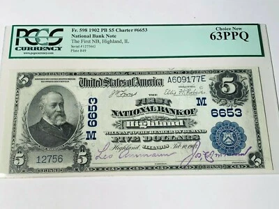 1902 $5 Highland ILLINOIS First National Bank - PCGS 63 PPQ - Fr. 598 - Image 1 of 2