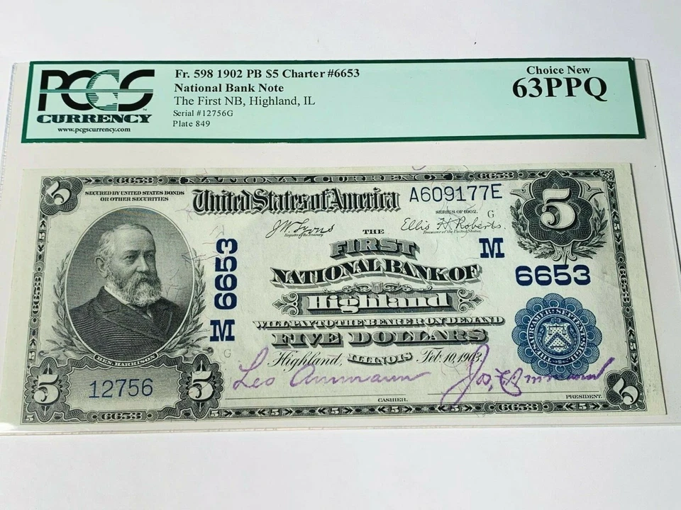 1902 $5 Highland ILLINOIS First National Bank - PCGS 63 PPQ - Fr. 598 - Image 1 of 2