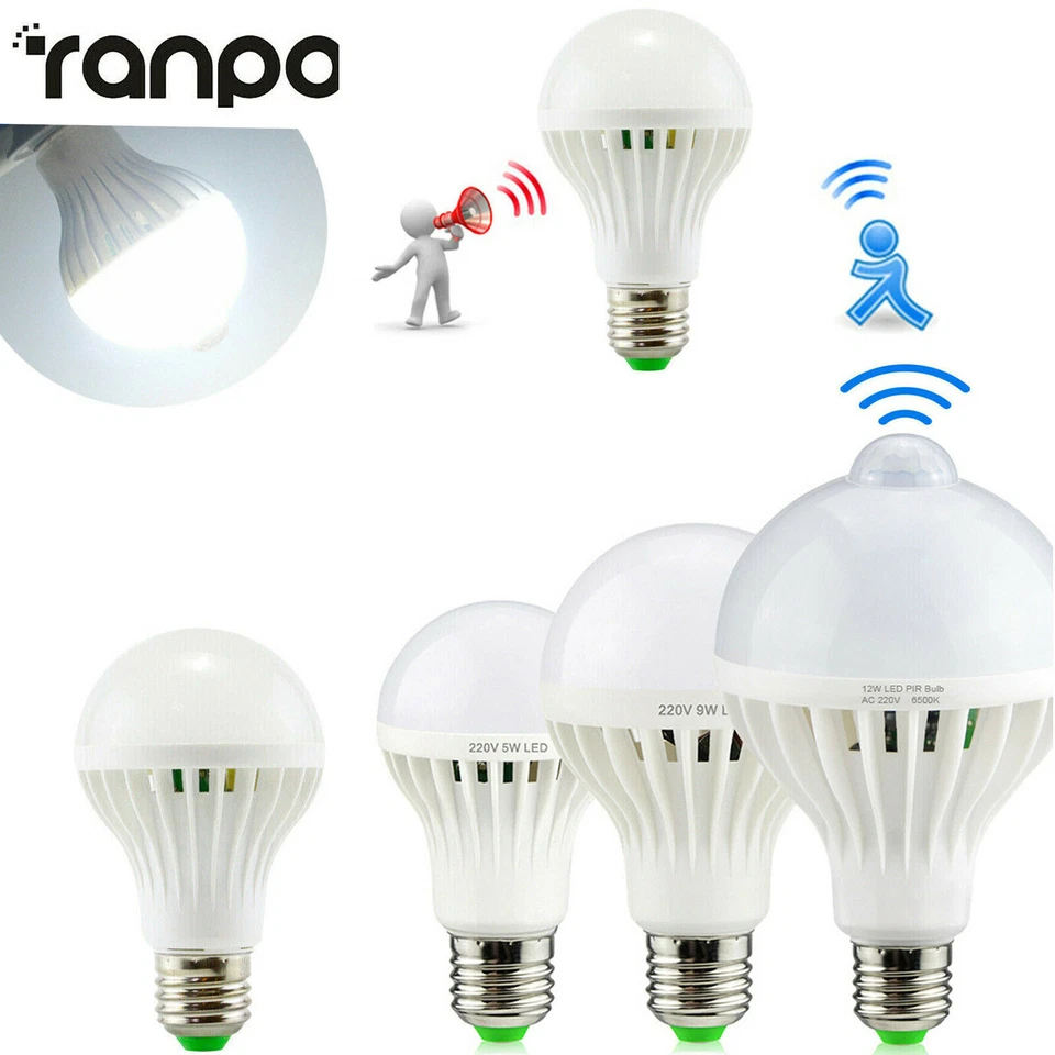LED PIR Motion Sound Sensor Bulbs 3W 5W 7W 9W 12W Home Stairs Safety Light Lamps - Image 1 of 4
