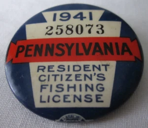 Broche bouton originale vintage 1941 permis de pêche résident Pennsylvanie avec papier - Photo 1/3