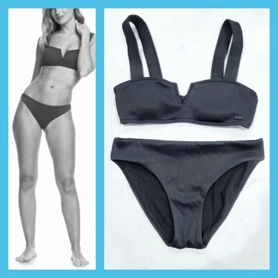 ROXY Mujeres Love The Coco Cuello en V Acanalado Negro Bikini Top/Inferior 2 piezas Traje de Baño ~ PEQUEÑO Foto 1 de 4