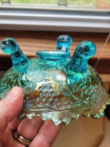 Very Scarce Aqua Blue Fenton Carnival Glass Lotus & Grape Pattern Bowl - Picture 1 of 15
