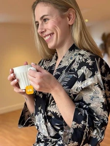 Indian Handmade Cotton Kimono Robe Black Floral Printed Women Cover Nightwear - Picture 1 of 4