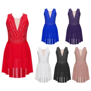 UK Girls Dance Dress Sparkling Dancewear Shiny Figure Skating Dress Modern Mesh - Picture 1 of 70