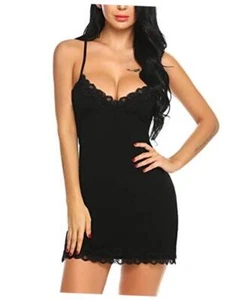  Womens Nightgown Sexy Lace Sleepwear V Neck Full Slip Chemise Small Black - Picture 1 of 7