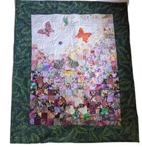 WALL HANGING QUILT Artist Signed BUTTERFLIES with Rod Pocket Lap size Floral Art - Picture 1 of 11