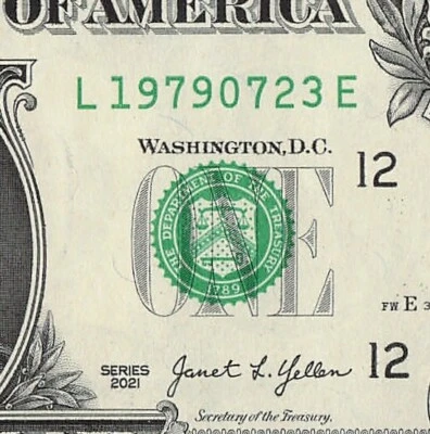 JULY 23 1979 Birthday Date Note Fancy Serial Number One Dollar Bill 07 23 1979 - Image 1 of 4