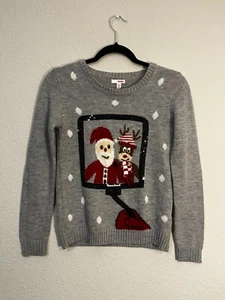 Bongo Ugly Christmas Sweater Womens Small Gray Santa Selfie Stick Sequin - Picture 1 of 5