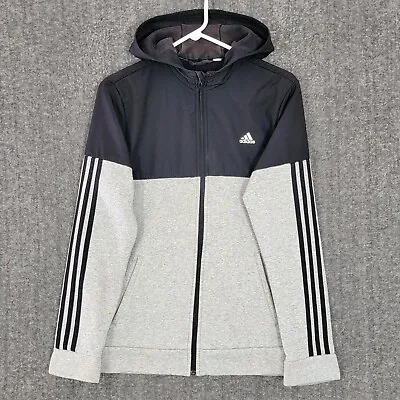 Adidas Jacket Womens Small Gray Black 3 Stripe Logo Hooded Full Zip Fleece Lined • 14.94€