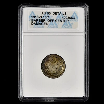 1916-S BARBER DIME ✪ STRUCK 10% OFF-CENTER ✪ 10C ERROR COIN ANACS AU ◢TRUSTED◣ - Image 1 of 4