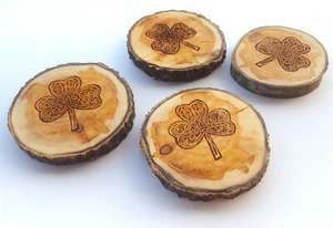 Irish Shamrock Wood Slice Coaster Set of 4, Rustic Tree Round Coasters - Picture 1 of 5
