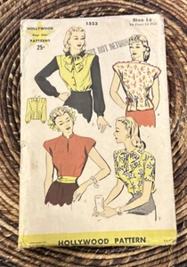 Vintage 1945 Hollywood Pattern 1523 Blouses size 14 Bust 32 Hip 35 - Picture 1 of 2