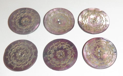 ~6~ DYED MOTHER of PEARL BUTTONS with VICTORIAN ETCHING ANTIQUE PURPLE PINK #18 Cover