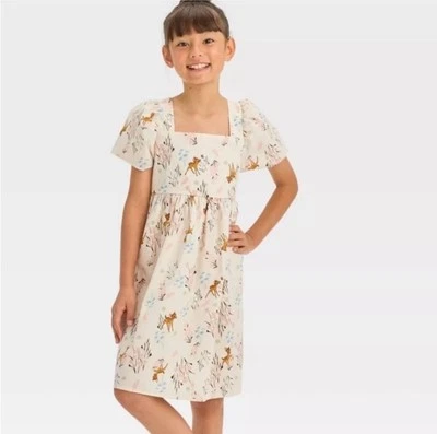 Disney Bambi All Over Print Floral Girls Dress Size M 8 Deer Dainty Smocked - Image 1 of 4