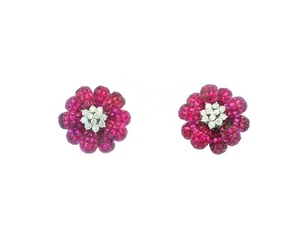 18K White Gold Floral Rubies & Diamond Clip On Earrings. - Picture 1 of 9