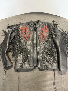 Giacca western donna XS nera rossa frange pelle foderata moto con intarsio rosa - Foto 1 di 21