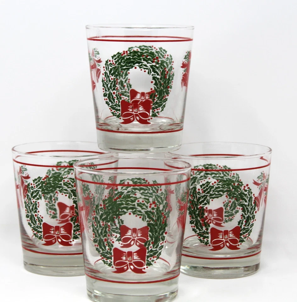 Juego de 4 campanas de corona de acebo de Navidad vintage LIBBEY Lowball coctel rocas vidrio Foto 1 de 4