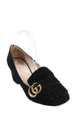 Gucci Womens GG Marmont Fringe Suede Loafer Pumps Heels Black Size 8.5 - Image 1 of 4