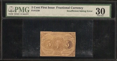5 CENT FRACTIONAL CURRENCY INKING ERROR CIVIL WAR NOTE MONEY Fr 1230 PMG 30 - Image 1 of 2
