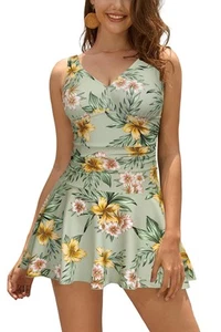 Women's V Neck One Piece Skirt Swimsuit Ruched Retro Swimdress Bathing Suit (... - Picture 1 of 5