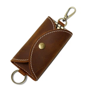 man women key chain case ring holder genuine pocket cow Leather pouch brown H343 - Picture 1 of 4