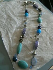 Premier Designs BLUE LAGOON silver m.o.p glass bead necklace RV $41 nwt