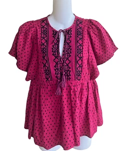 Knox Rose Women's Hot Pink & Black Boho Batwing Sleeve Ruffle Blouse Top Size XS - Picture 1 of 3