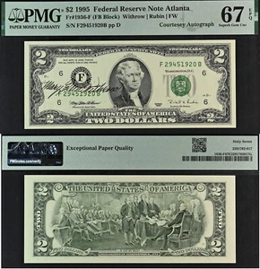 1995 $2 Federal Reserve Note - PMG 67EPQ - Signed by Treasurer Withrow - Picture 1 of 3