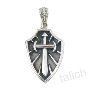 Shiny Solid 925 Sterling Silver Shield Pendant with Cross Crucifix Unique Gift - Picture 1 of 8