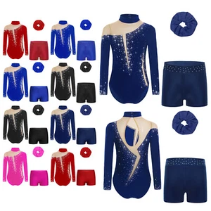 Kids Girls Set Keyhole Back Suit Athletic Outfit Mesh Dancewear Sparkly 3Pcs - Picture 1 of 58