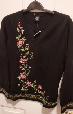 Lauren Hansen Silk Sweater  Black Embroidered Vintage Long Sleeve Size Small - Image 1 of 4