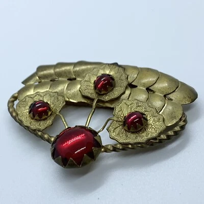 Vtg Art Deco Givre Gripoix Red Glass Cab Brass Belt Buckle Repousse Leaves 2.5” - Image 1 of 3