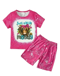 New Girls 5 Pink Silky Soft Floral Moody Cow Shorts Set - Picture 1 of 2