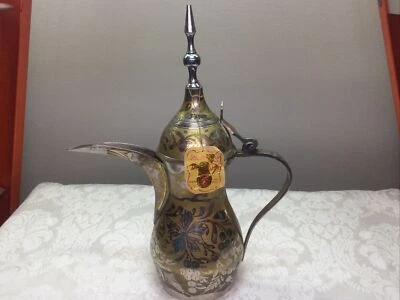 Pote decorativo árabe Dallah tom prata tom dourado Oriente Médio com etiqueta 11” de altura - Imagem 1 de 4