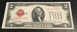 1928 G $2.00 DOLLAR RED SEAL NOTE circulated Miscut wide left margin E 00535792A - Picture 1 of 2