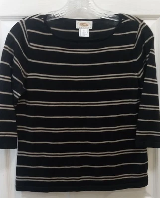 Talbots Womens 3/4 Sleeve Striped Shirt Top 100% Silk Petite Sz S Black Tan - Image 1 of 4