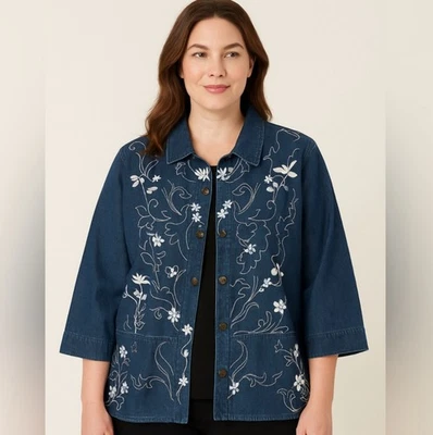 Allison Daley Denim Jacket Blue White Floral Embroidery 3/4 Sleeves Plus Size 22 - Image 1 of 4