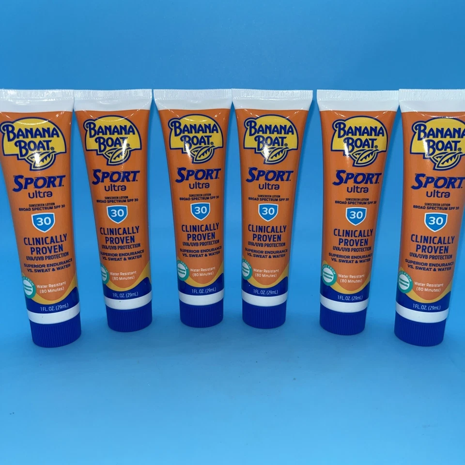 LOT (6) BANANA BOAT SUNSCREEN LOTION SPORT ULTRA SPF 30 1 OZ TRAVEL EXP 06/26