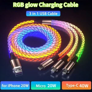 Glowing LED Light Cable 3 in 1 Fast Charging Cord Type C Micro USB For Charger - Zdjęcie 1 z 7