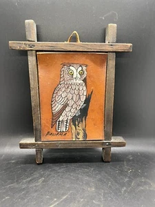 Owl Painting On Leather Framed Rustic - Picture 1 of 5