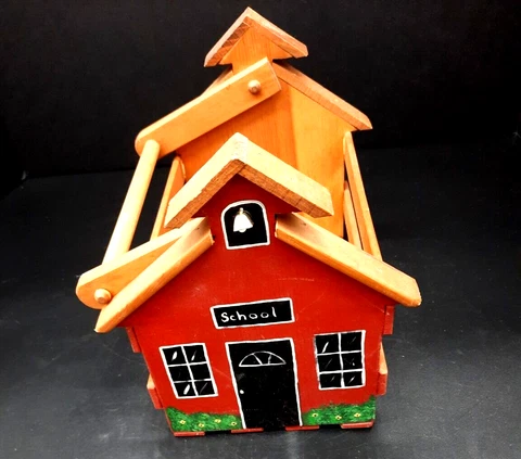 Vintage Hand Crafted Wooden Red Country School House Storage Basket With Handle Cover