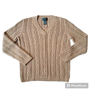 Lauren Ralph Lauren Cable Knit Sweater Womens Size Small 100% Cotton V Neck - Picture 1 of 4