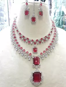 Placcato Argento Bollywood Indiano Stile Cz Collana Orecchino Rosso Rubino Gioie - Foto 1 di 10