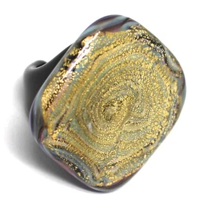 ANELLO ANTICA MURRINA, VETRO DI MURANO, NERO VIOLA, FOGLIA ORO, GRANDE QUADRATO - Picture 1 of 7